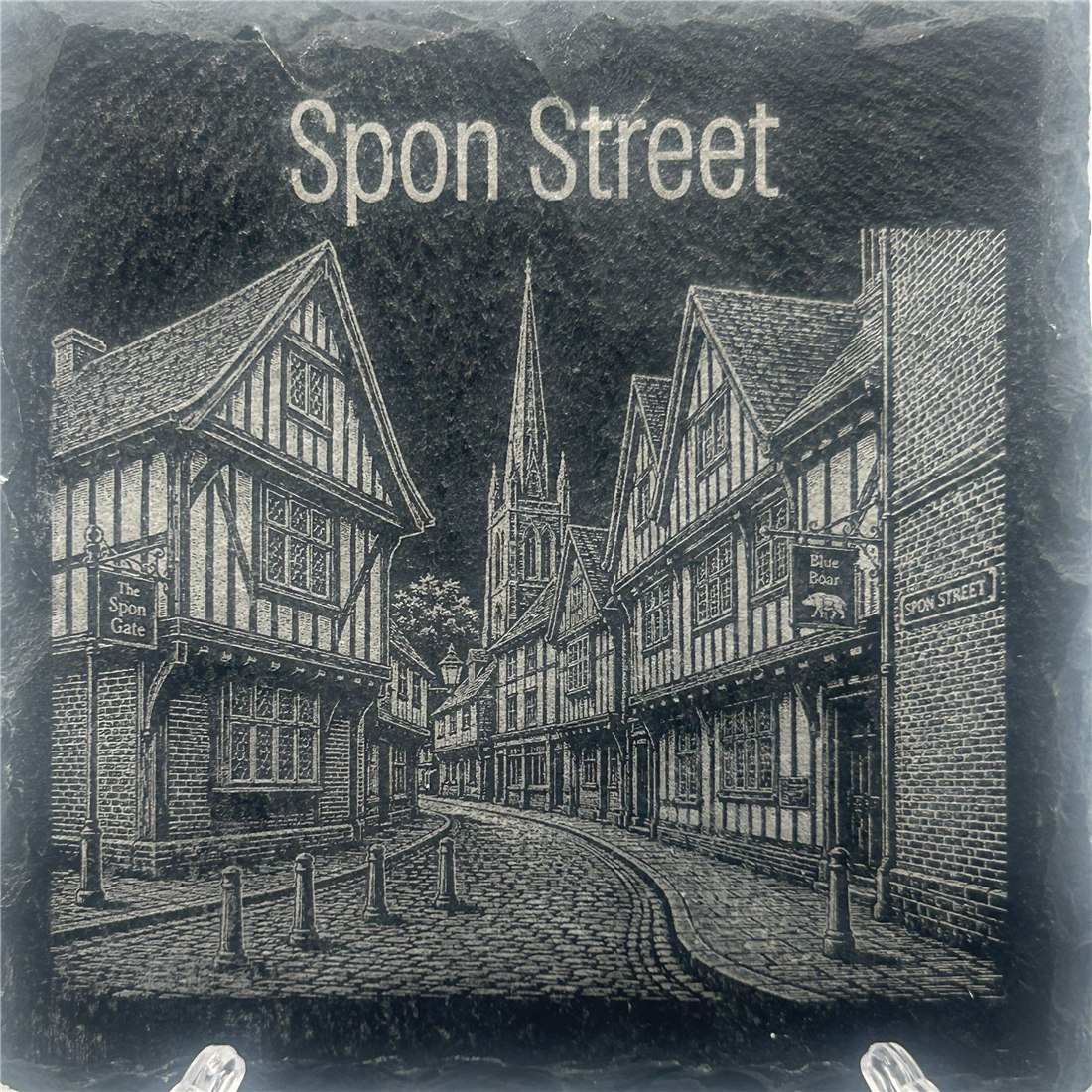 Historic buildings on Spon Street engraved on slate