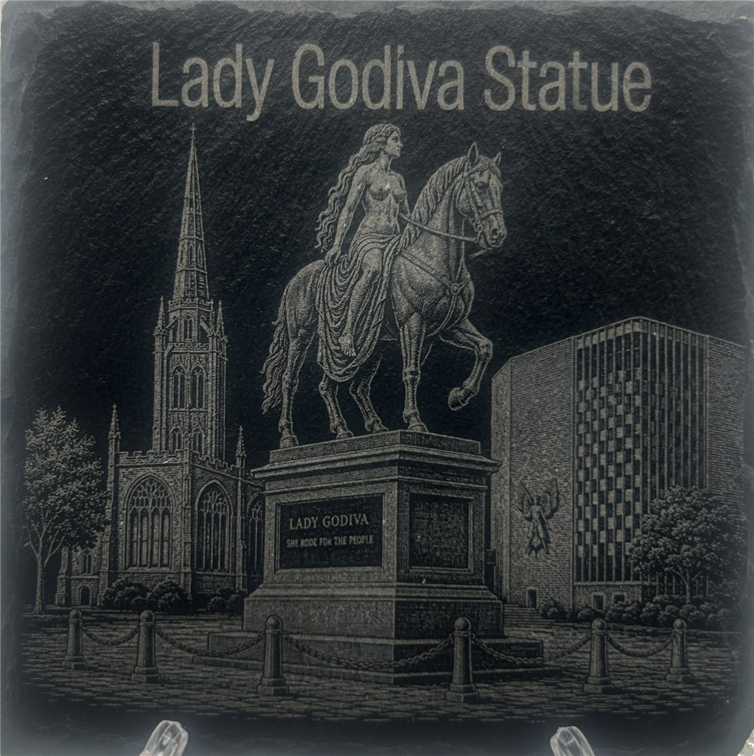 Lady Godiva Statue engraving on slate