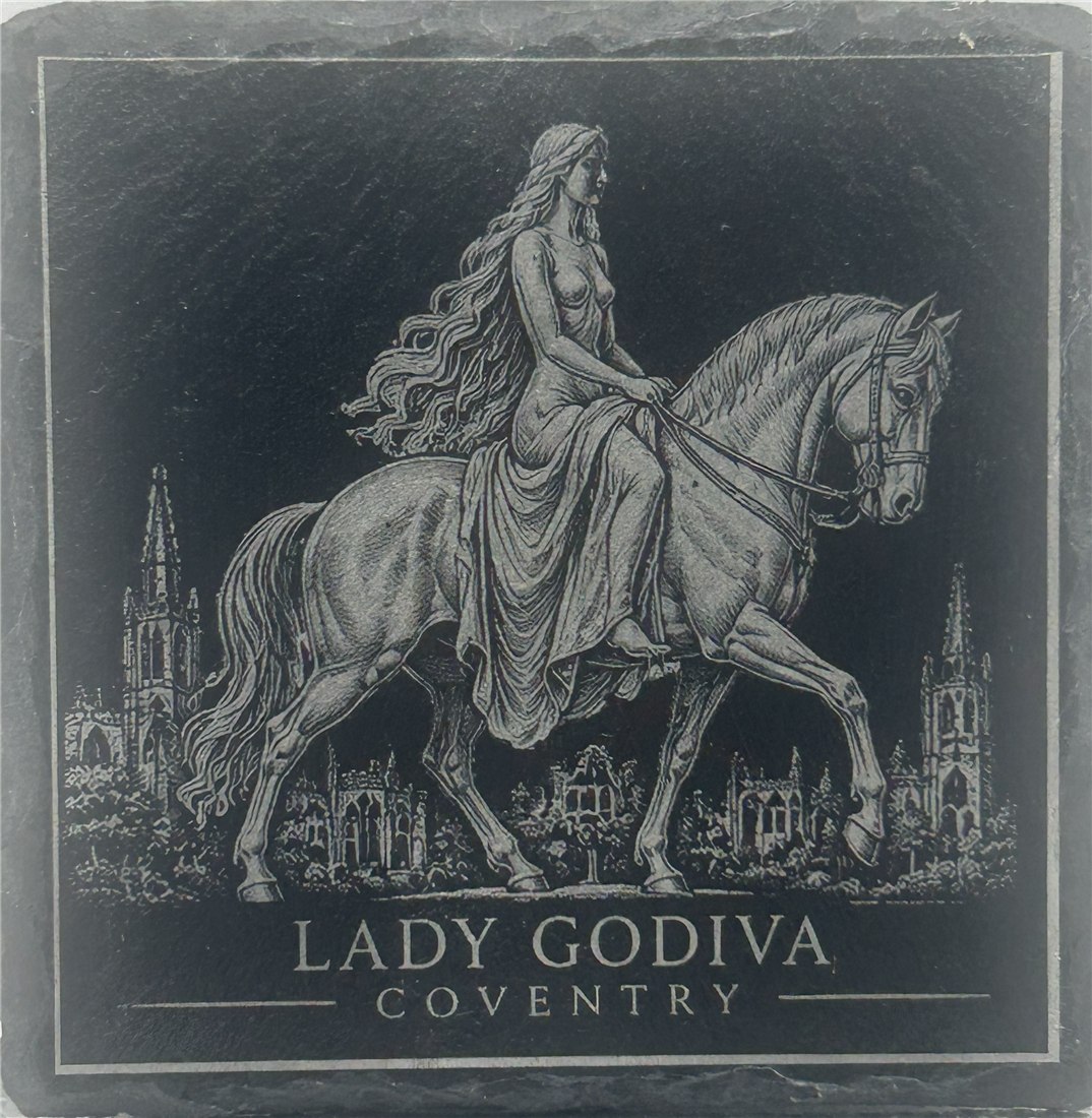 Lady Godiva on horseback engraved on slate with Coventry lettering
