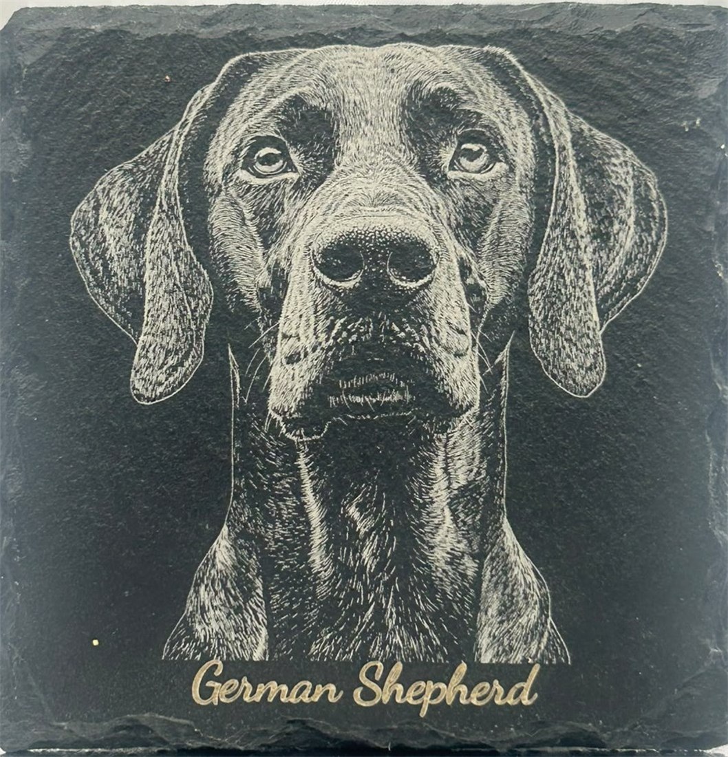 Dog portrait engraved on slate; supplied inscription reads German Shepherd