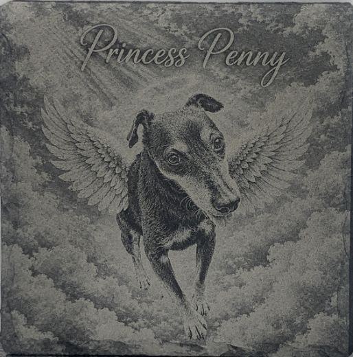 Dog portrait on slate with the inscription Princess Penny