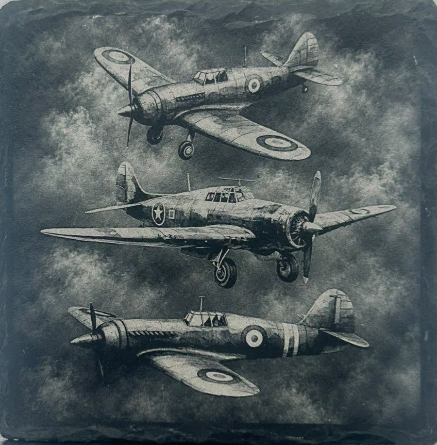 Finished square slate coaster engraved with three vintage aircraft