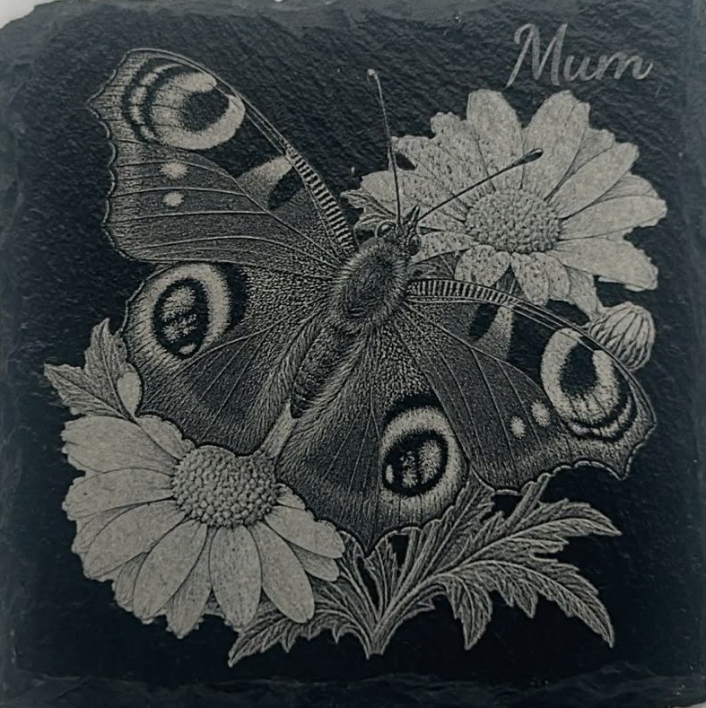 Butterfly and flowers engraving with Mum inscription