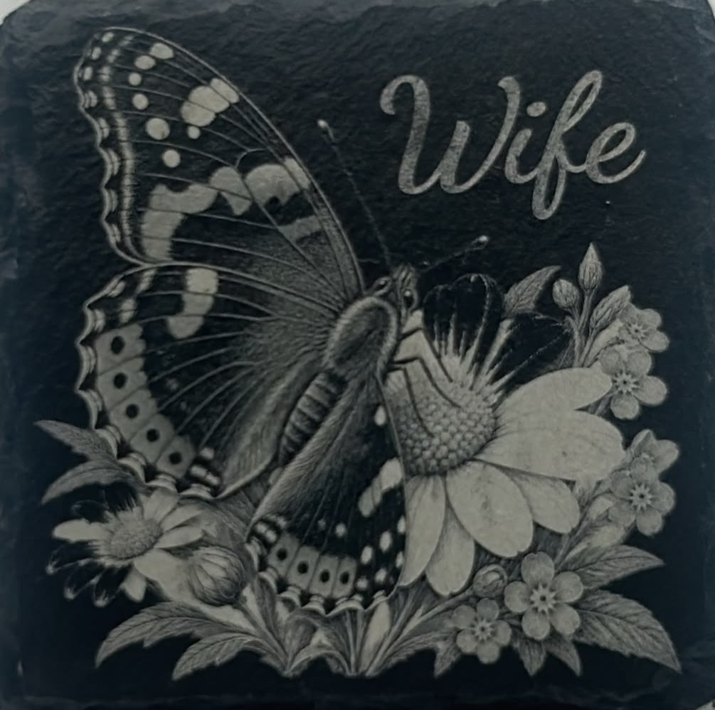 Butterfly and flowers engraving with Wife inscription